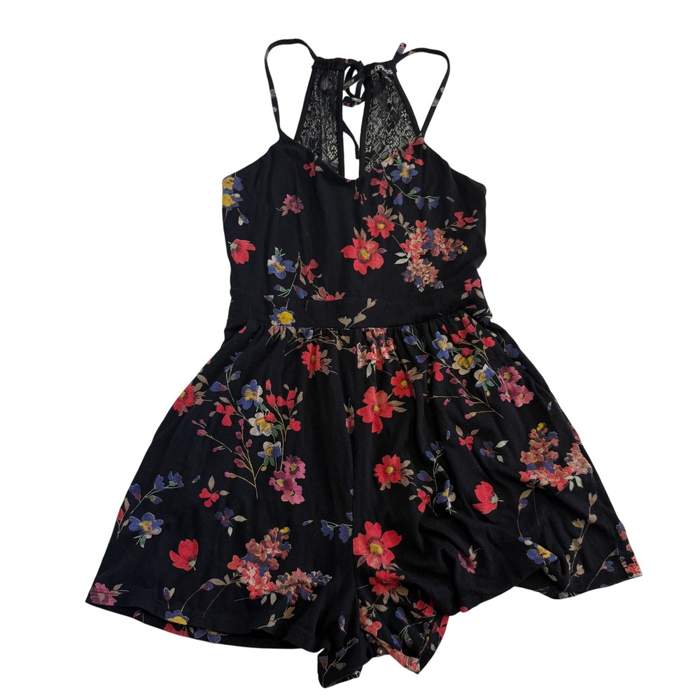 Express Black Floral Lace-Back Romper with Red, Pink & Blue Flowers